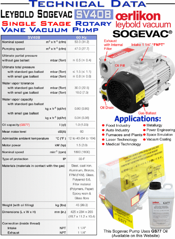 Leybold Sogevac SV40B SV 40B Single Stage Rotary Vane Vacuum Pump, 230/460 V, 60 Hz. Leybold PN